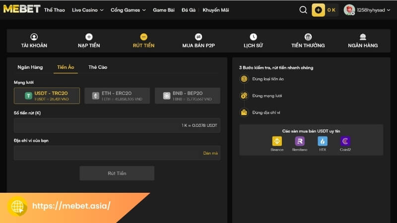 Quy trình rút tiền Mebet nhanh chóng