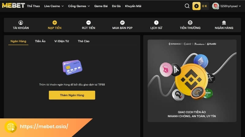 Thao tác thực hiện nạp tiền Mebet chi tiết